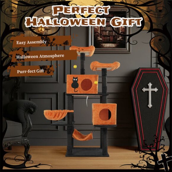WhatDaDog 60" Cat Tree Spooky Halloween Cat Scratcher Post Cat Tower Fall Theme - Picture 3 of 10